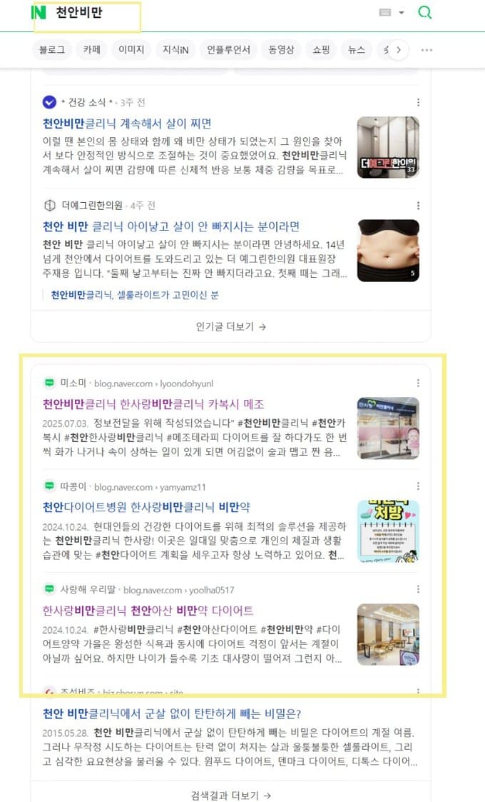 '천안비만' 네이버 검색 결과 상위 노출 캡처
